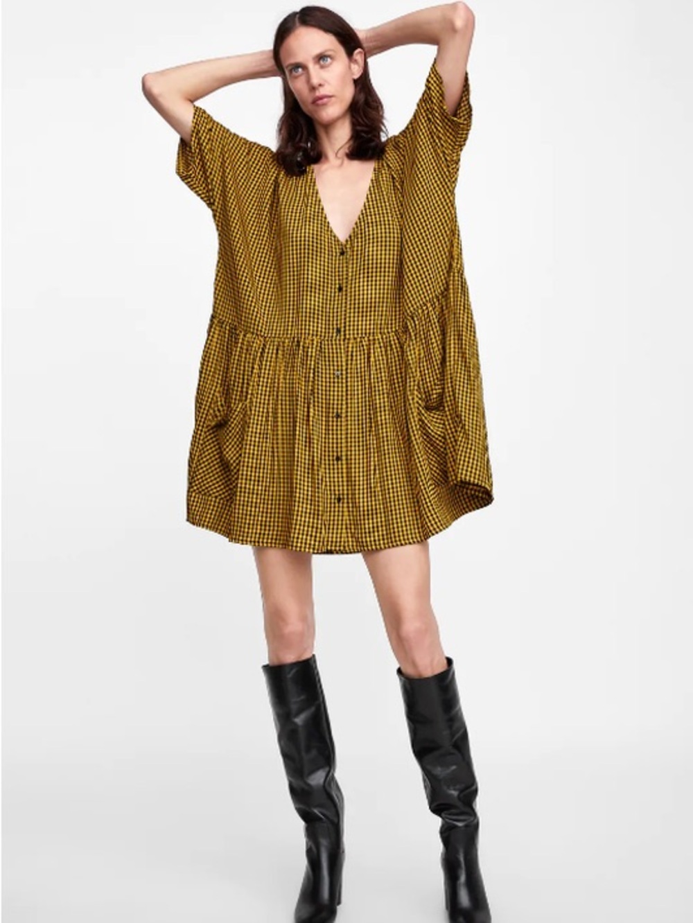 Zara Mustard Gingham Button-Front Mini Dress